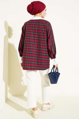 Yaka Taşlı Ekose Desen Gömlek Bordo - Gömlek