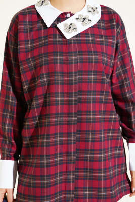 Yaka Taşlı Ekose Desen Gömlek Bordo - Gömlek