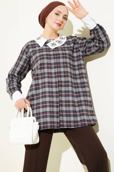 Yaka Taşlı Ekose Desen Gömlek Füme - Gömlek