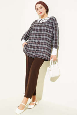 Yaka Taşlı Ekose Desen Gömlek Füme - Gömlek