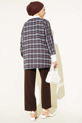 Yaka Taşlı Ekose Desen Gömlek Füme - Gömlek