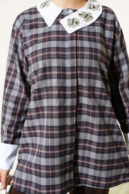 Yaka Taşlı Ekose Desen Gömlek Füme - Gömlek