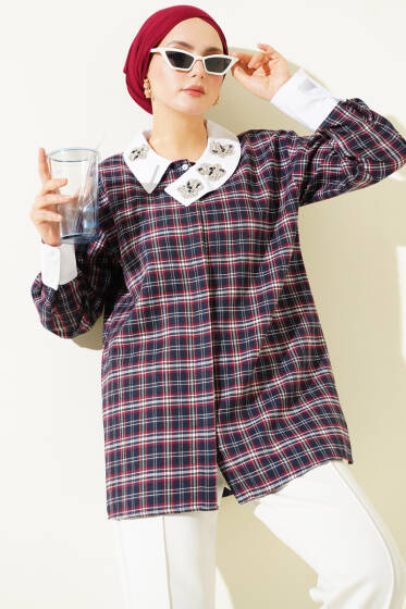 Yaka Taşlı Ekose Desen Gömlek Lacivert - Gömlek