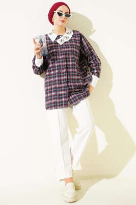 Yaka Taşlı Ekose Desen Gömlek Lacivert - Gömlek