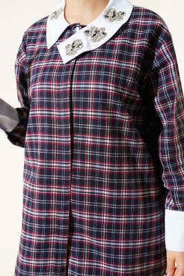 Yaka Taşlı Ekose Desen Gömlek Lacivert - Gömlek