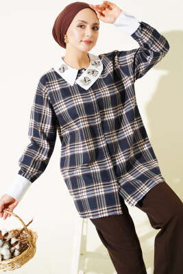 Yaka Taşlı Ekose Desen Gömlek Parlement - HATUN