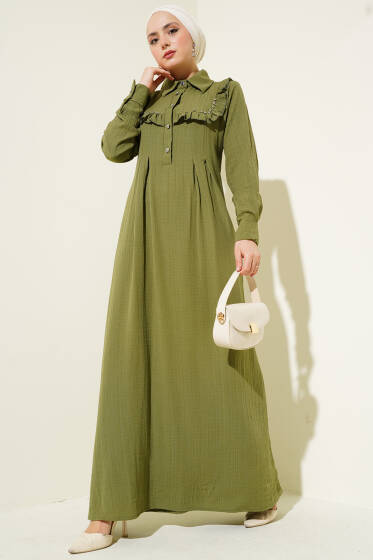 Yaka Taşlı Fırfırlı Elbise Çağla Yeşili - Elbise