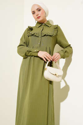 Yaka Taşlı Fırfırlı Elbise Çağla Yeşili - Tesettür Elbise