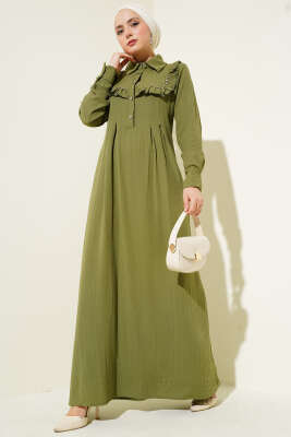 Yaka Taşlı Fırfırlı Elbise Çağla Yeşili 