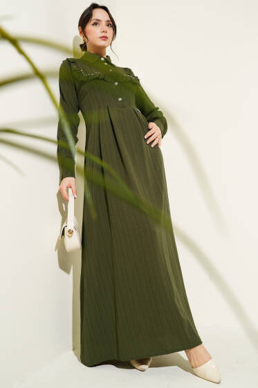 Yaka Taşlı Fırfırlı Elbise Haki - Elbise