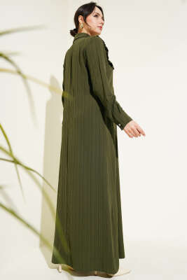 Yaka Taşlı Fırfırlı Elbise Haki - Tesettür Elbise