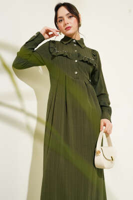 Yaka Taşlı Fırfırlı Elbise Haki - Tesettür Elbise