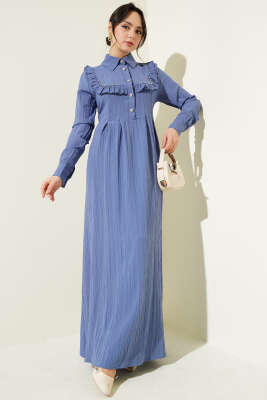 Yaka Taşlı Fırfırlı Elbise İndigo 