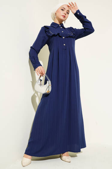 Yaka Taşlı Fırfırlı Elbise Lacivert - Elbise