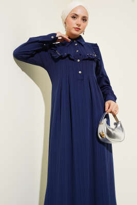 Yaka Taşlı Fırfırlı Elbise Lacivert - Tesettür Elbise