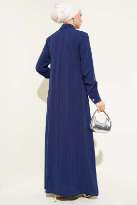 Yaka Taşlı Fırfırlı Elbise Lacivert - Tesettür Elbise