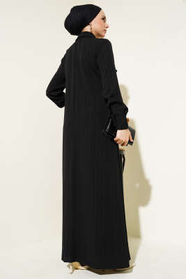 Yaka Taşlı Fırfırlı Elbise Siyah - Tesettür Elbise