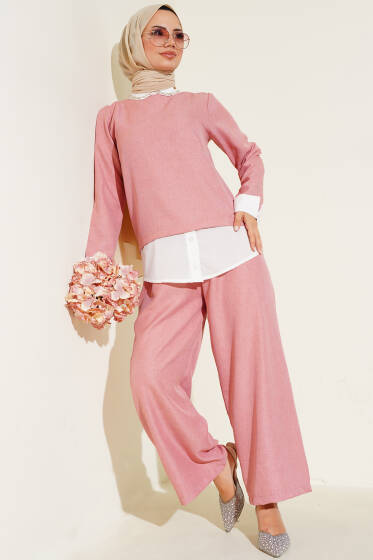 Yaka Taşlı Garnili İkili Takım Pudra - İkili Takım