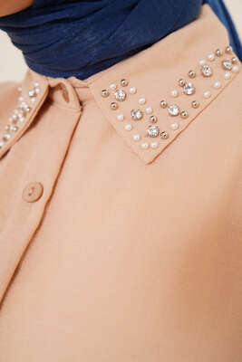 Yaka Taşlı Gömlek Bej - Gömlek