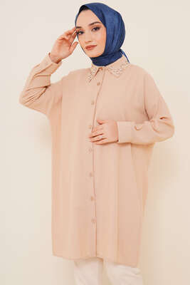 Yaka Taşlı Gömlek Bej 