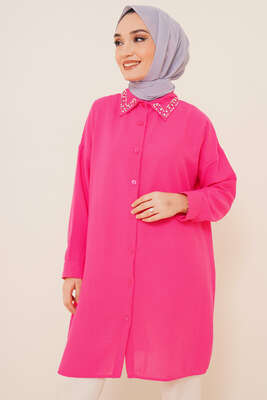 Yaka Taşlı Gömlek Fuşya - Gömlek