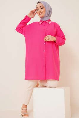 Yaka Taşlı Gömlek Fuşya 