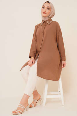 Yaka Taşlı Gömlek Kahve 