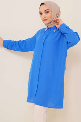 Yaka Taşlı Gömlek Saks - NEVA MODA