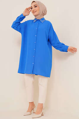 Yaka Taşlı Gömlek Saks - Gömlek