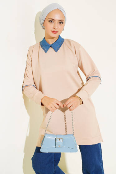 Yaka Taşlı İki İplik Tunik Bej - Tunik