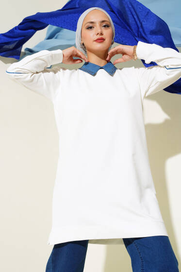 Yaka Taşlı İki İplik Tunik Beyaz - Tunik