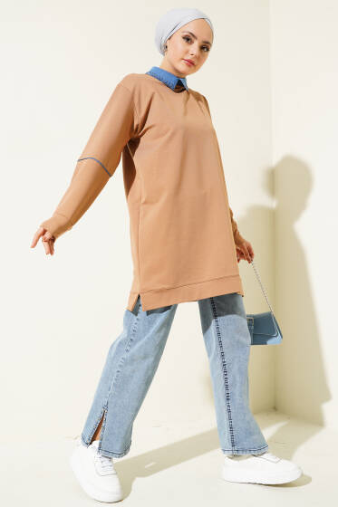 Yaka Taşlı İki İplik Tunik Camel - Tunik