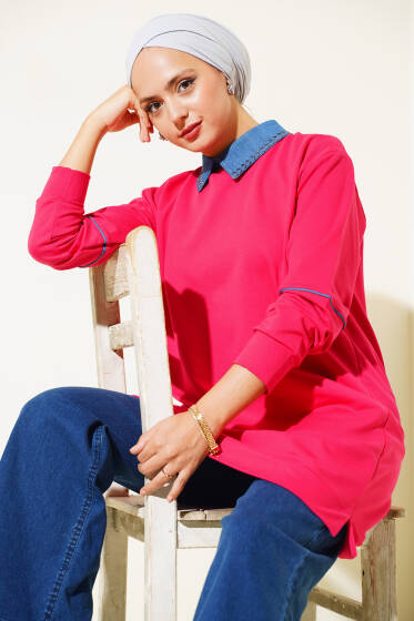 Yaka Taşlı İki İplik Tunik Fuşya - Tunik