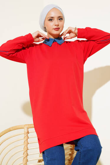 Yaka Taşlı İki İplik Tunik Kırmızı - Tunik