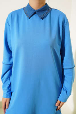 Yaka Taşlı İki İplik Tunik Mavi - 300-500 TL Ürünler