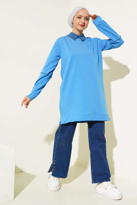 Yaka Taşlı İki İplik Tunik Mavi - 300-500 TL Ürünler