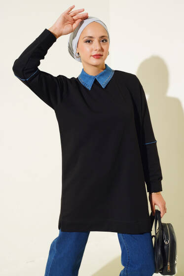 Yaka Taşlı İki İplik Tunik Siyah - Tunik