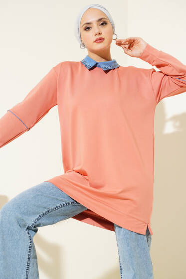 Yaka Taşlı İki İplik Tunik Somon - Tunik