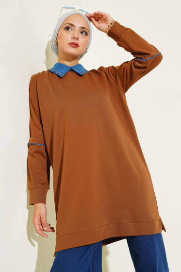 Yaka Taşlı İki İplik Tunik Taba - Tunik