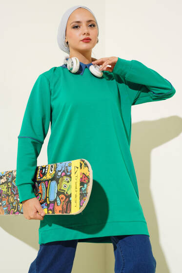 Yaka Taşlı İki İplik Tunik Yeşil - Tunik