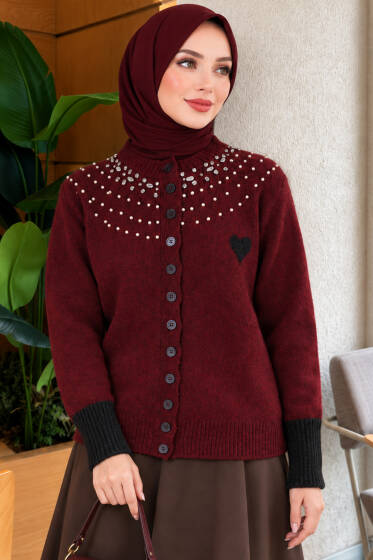 Yaka Taşlı Kalplı Triko Hırka Bordo - Hırka