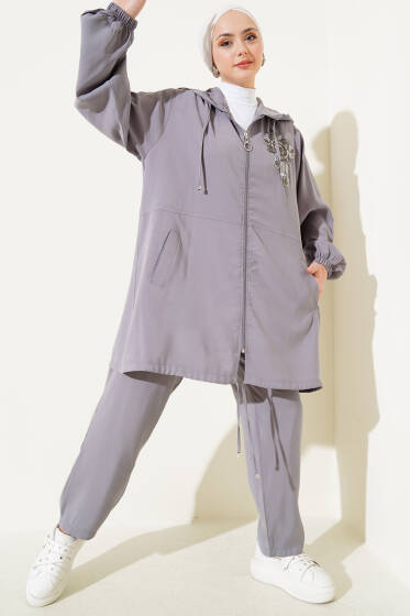 Yaka Taşlı Kapüşonlu Tensel İkili Takım Gri - İkili Takım