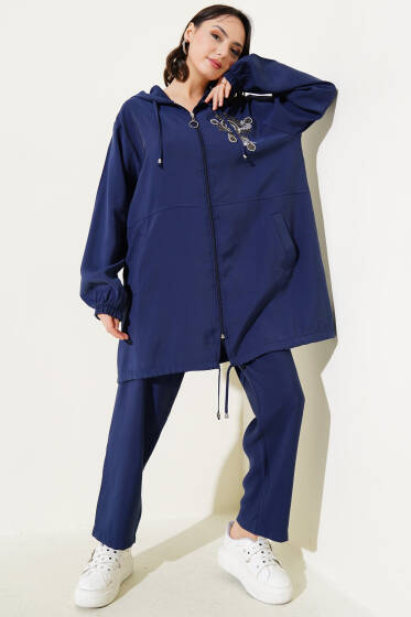 Yaka Taşlı Kapüşonlu Tensel İkili Takım Lacivert - İkili Takım