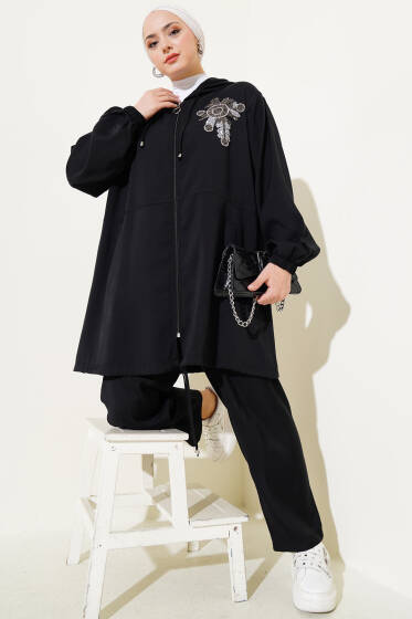 Yaka Taşlı Kapüşonlu Tensel İkili Takım Siyah - İkili Takım