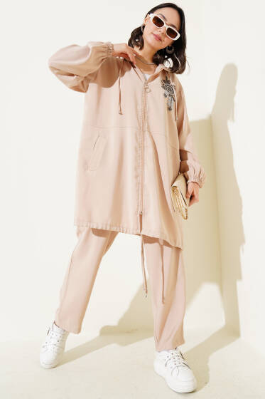 Yaka Taşlı Kapüşonlu Tensel İkili Takım Taş - İkili Takım