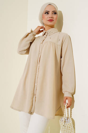 Yaka Taşlı Keten Gömlek Bej - Gömlek
