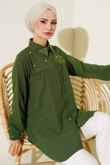 Yaka Taşlı Keten Gömlek Haki - Gömlek