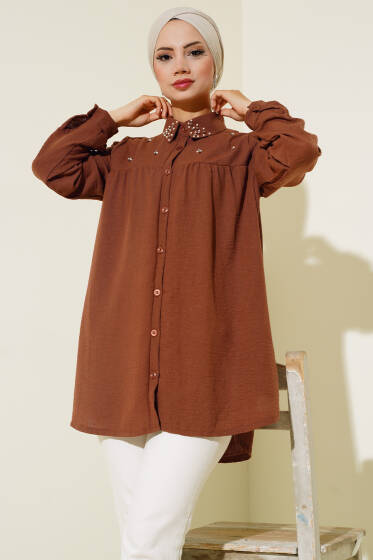 Yaka Taşlı Keten Gömlek Kahve - Gömlek