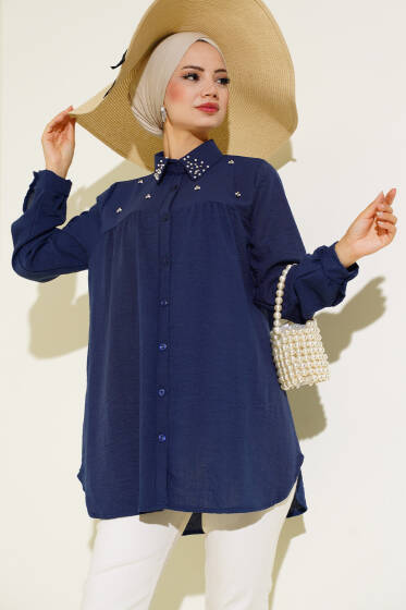 Yaka Taşlı Keten Gömlek Lacivert - Gömlek