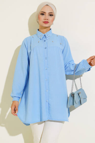 Yaka Taşlı Keten Gömlek Mavi - Gömlek